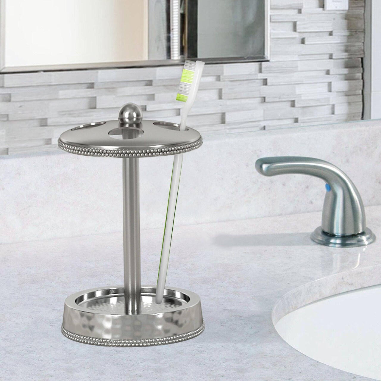 Stainless Steel Toothbrush Holder | Multi-Slot Organizer for Toothbrushes, Razors & Makeup | Hammered & Shiny Finish